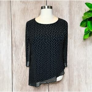 Chico's Travelers Black Polka Dot Asymmetric Hem Sheer Sleeve Tunic Top 3/XL